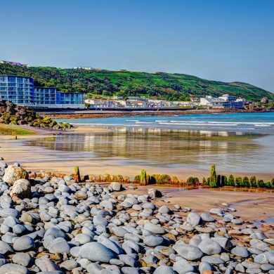 Westward Ho! beach on a sunny day with the tide out and the village in the background