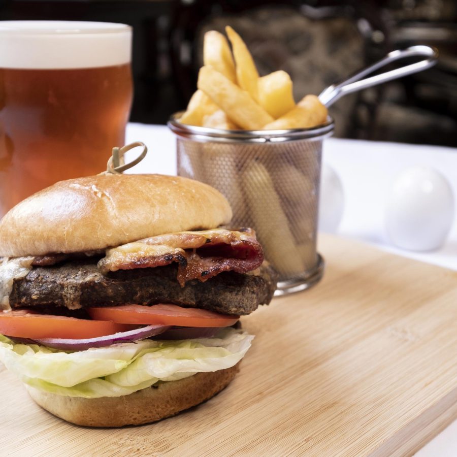 The Durrant Burger and Chips with a Pint of Beer in the Olive Tree Restaurant