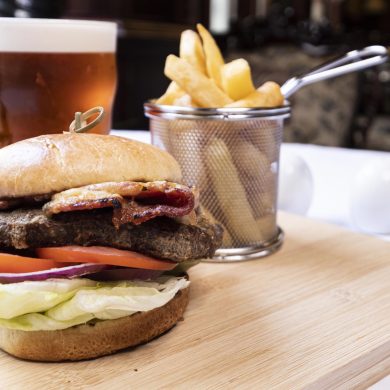 The Durrant Burger and Chips with a Pint of Beer in the Olive Tree Restaurant